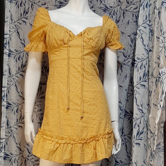 NWT Simplee Dark Yellow 100% Cotton Puff Cap Sleeve Sundress Size S - Picture 1 of 5